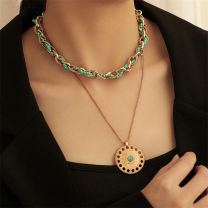 Turquoise and 18K Gold-Plated Round Pendant Necklace Set, jewelry gift sets for women, vintage-inspired design, side view