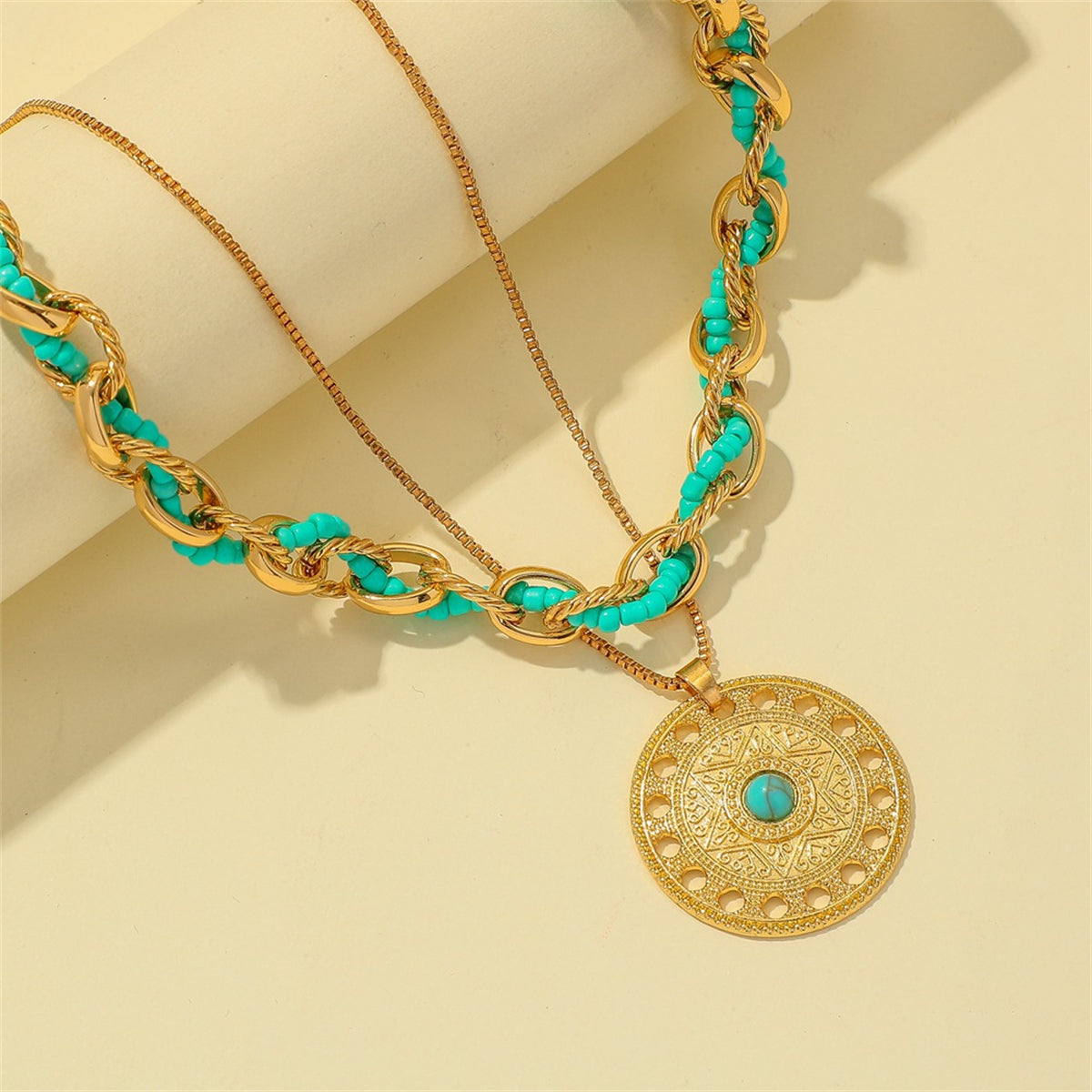Turquoise and 18K Gold-Plated Round Pendant Necklace Set, jewelry gift sets for women, lifestyle look