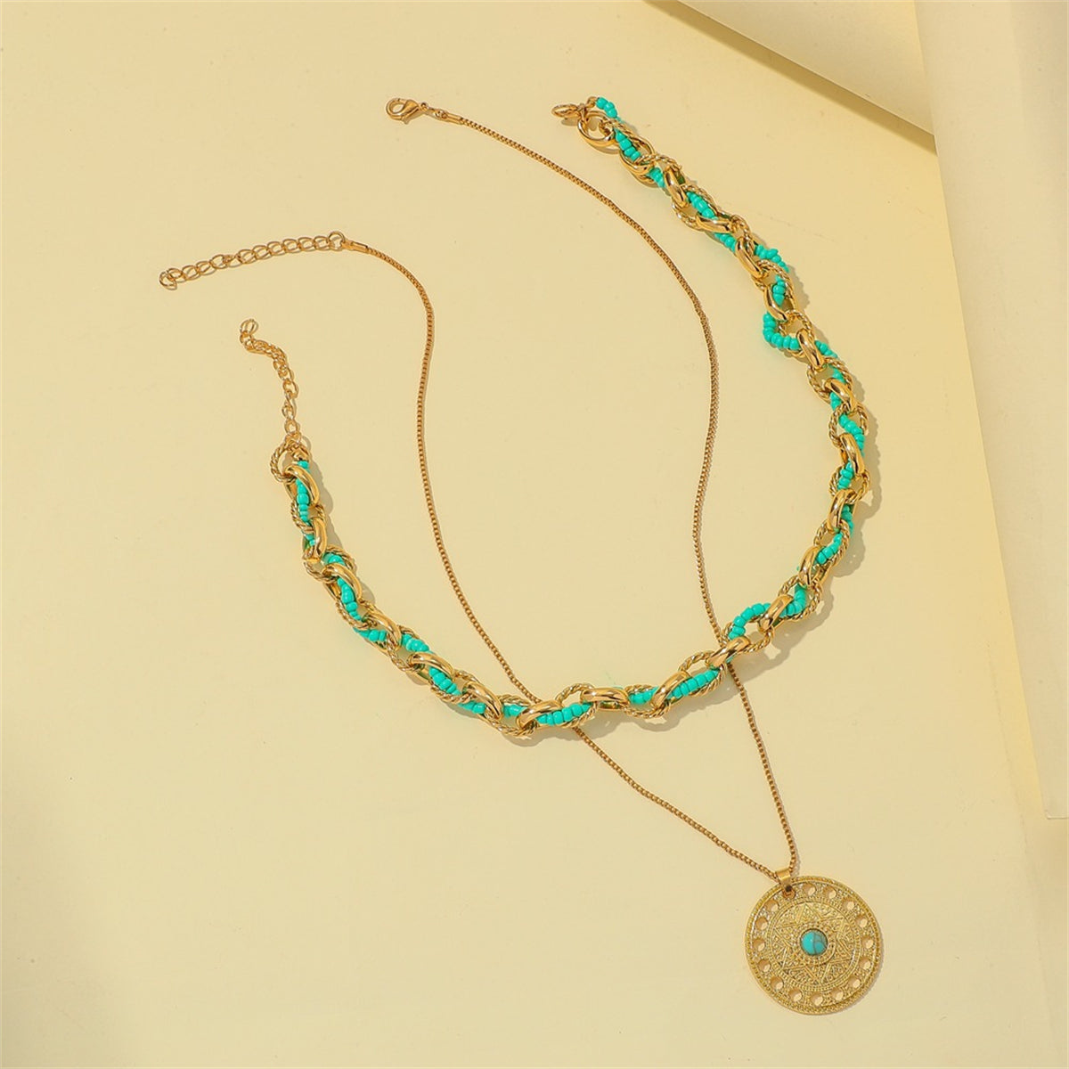 Turquoise and 18K Gold-Plated Round Pendant Necklace Set, jewelry gift sets for women, vintage-inspired design, styled look