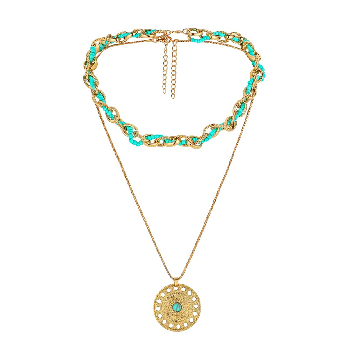 Turquoise and 18K Gold-Plated Round Pendant Necklace Set, jewelry gift sets for women, detail close-up