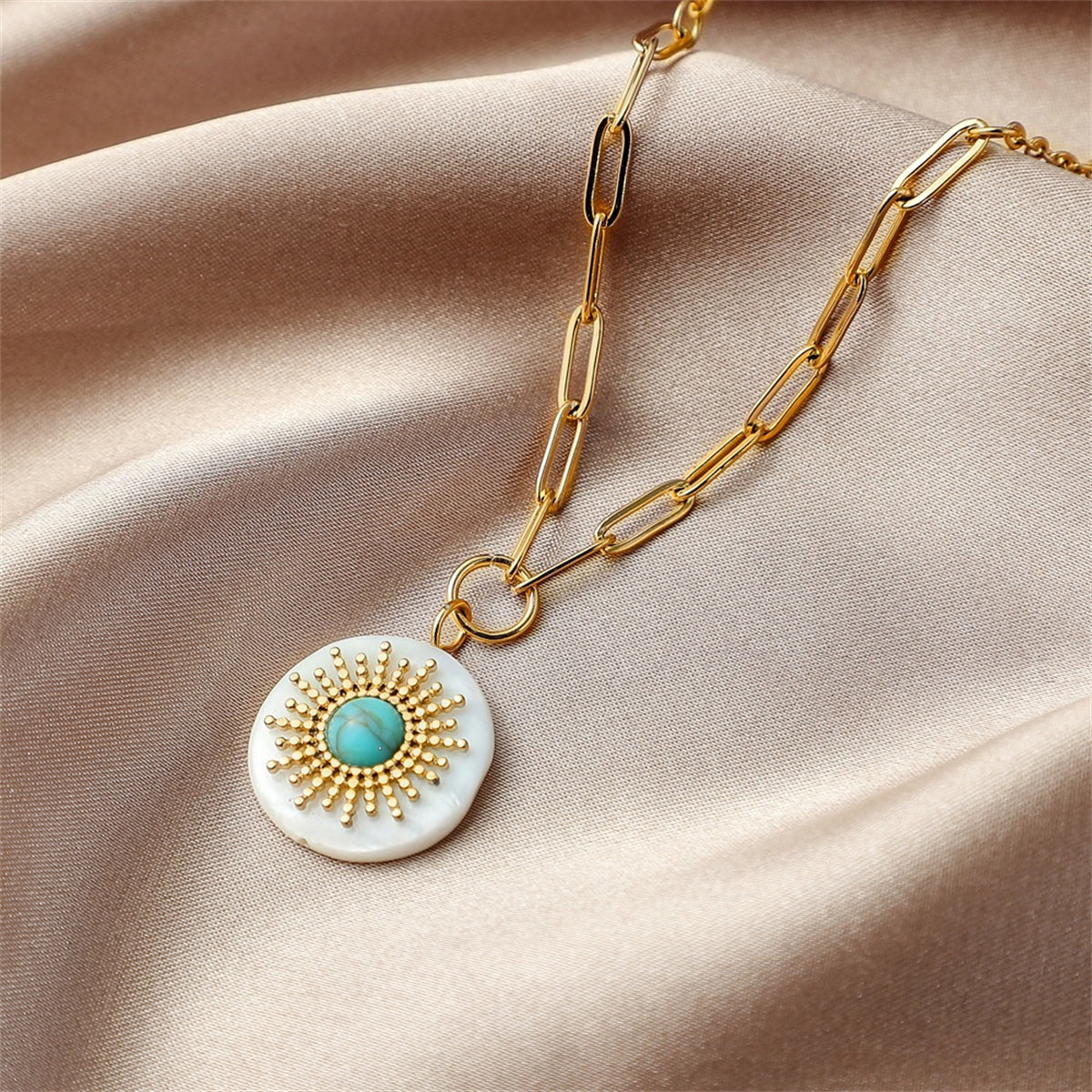 Turquoise & 18K Gold-Plated Sun Pendant Necklace