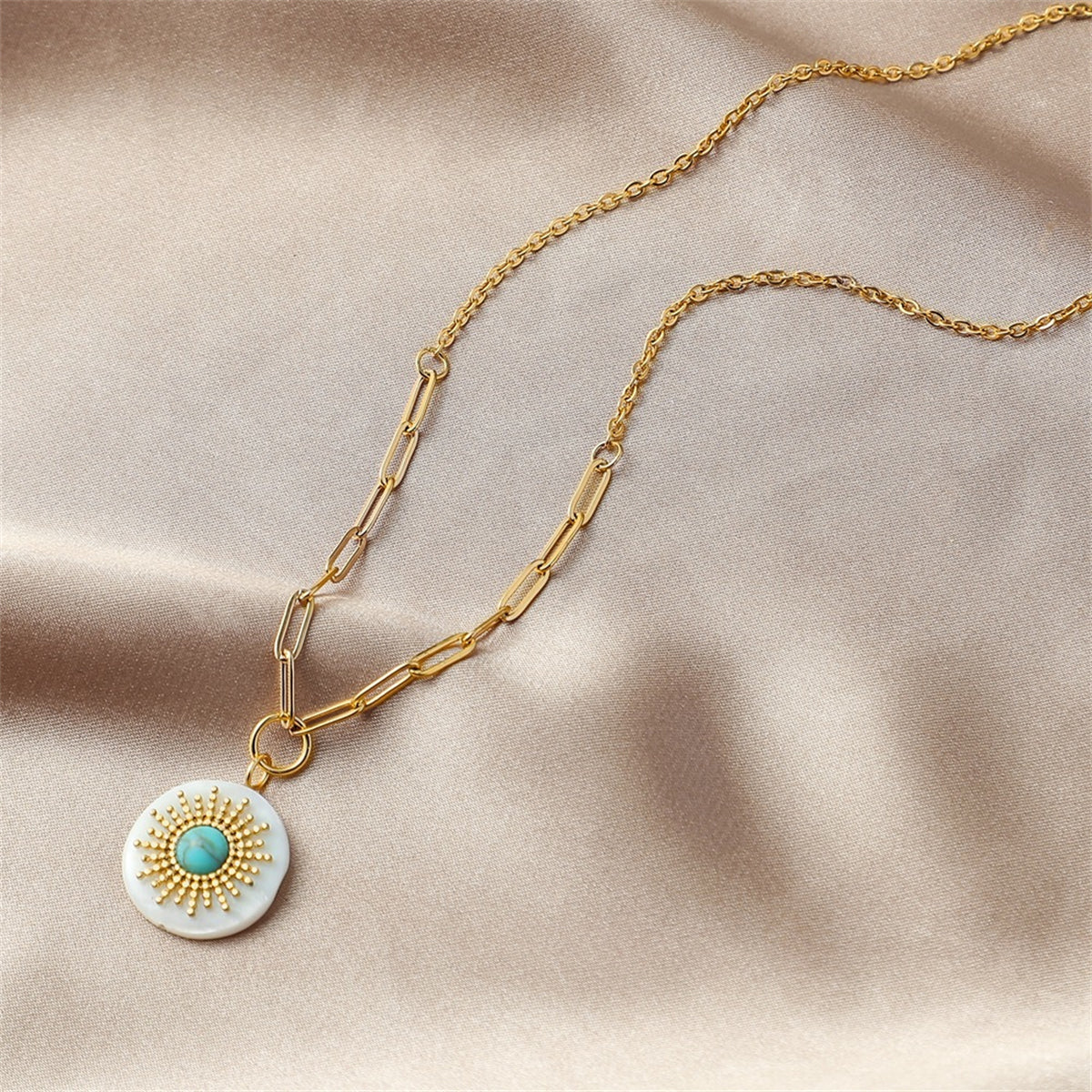 Turquoise & 18K Gold-Plated Sun Pendant Necklace