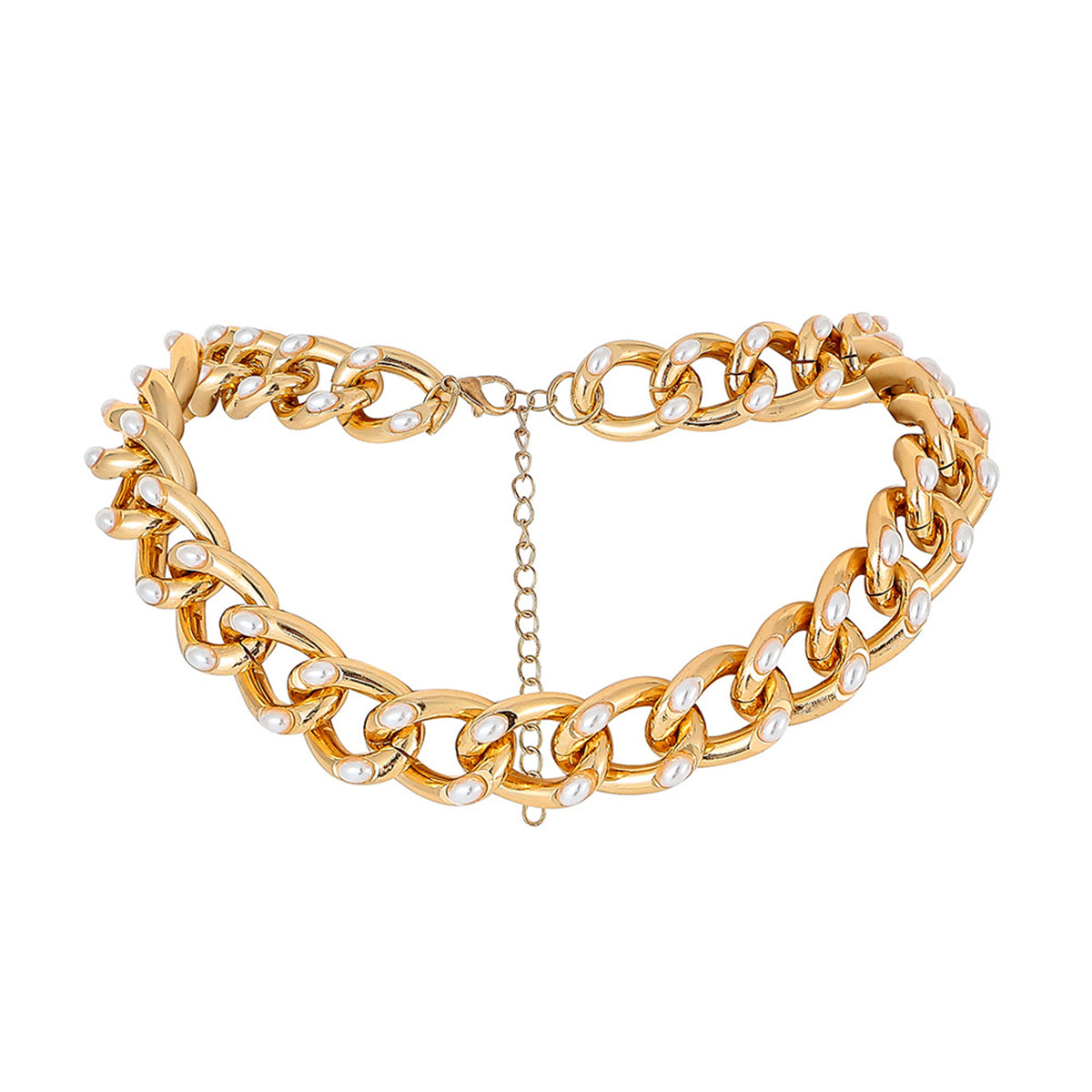 Pearl and 18K Gold-Plated Curb Chain Collar Necklace, chunky gold choker necklace, elegant gift for her, detail close-up