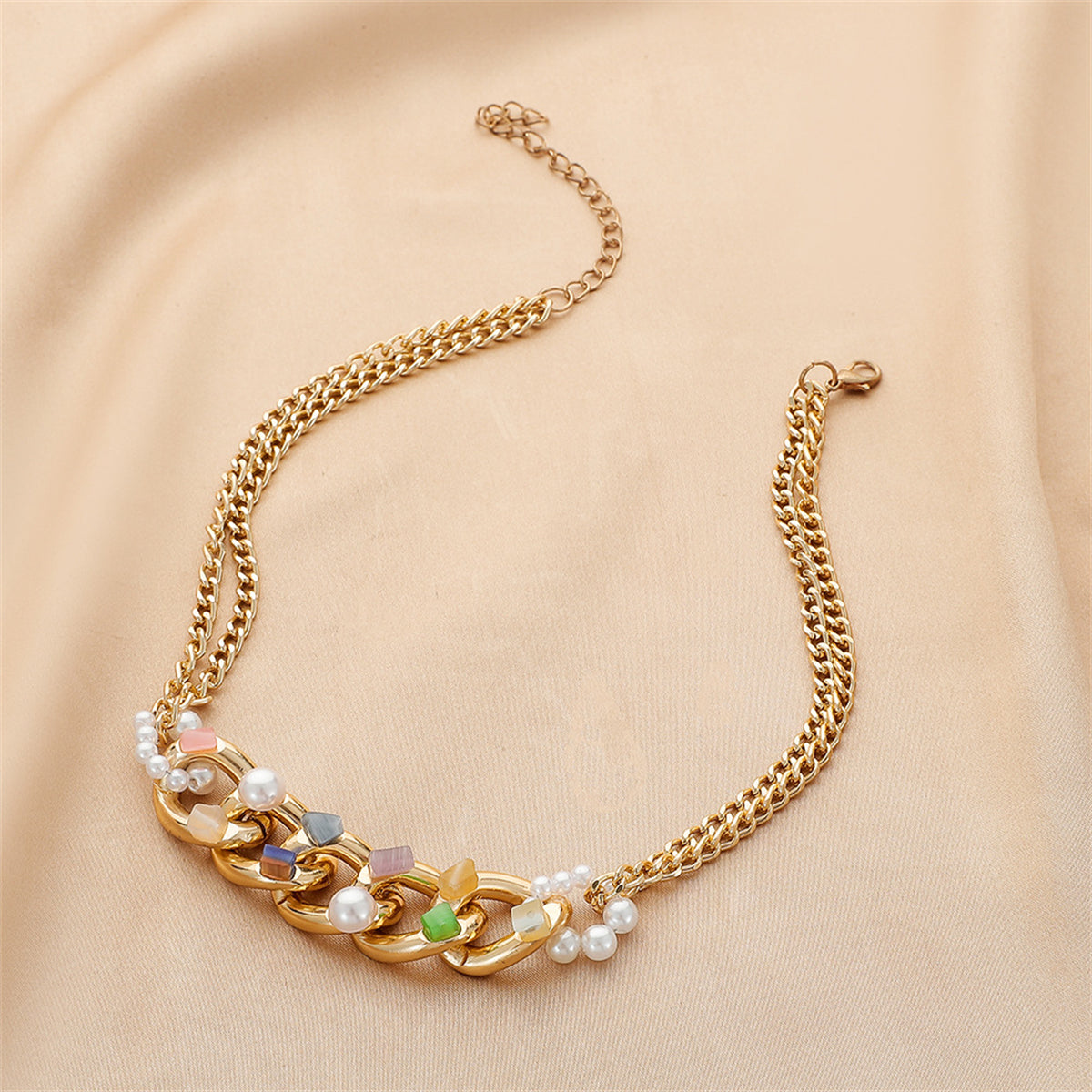 Green Resin and Pearl 18K Gold-Plated Curb Chain Choker Necklace, gold pendant necklace for women, front view