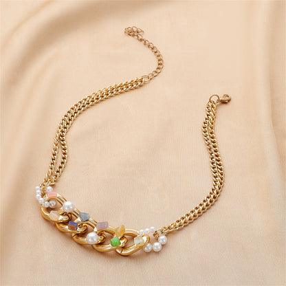 Green Resin and Pearl 18K Gold-Plated Curb Chain Choker Necklace, gold pendant necklace for women, front view