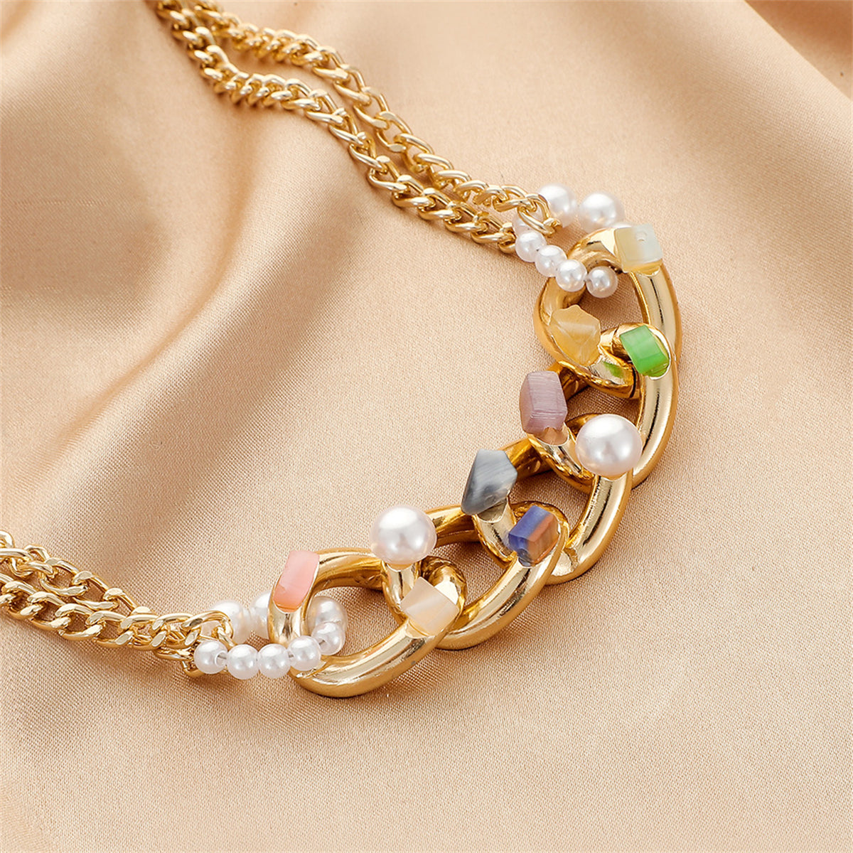 Green Resin and Pearl 18K Gold-Plated Curb Chain Choker Necklace, gold pendant necklace for women, styled look