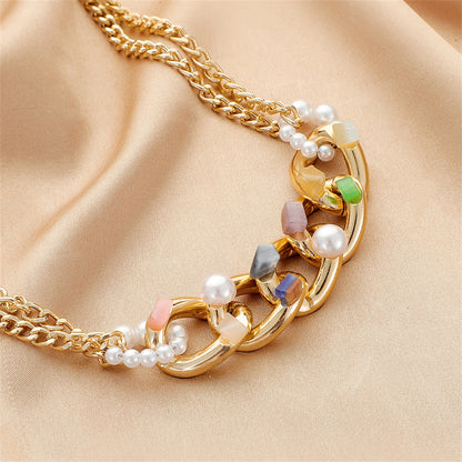 Green Resin and Pearl 18K Gold-Plated Curb Chain Choker Necklace, gold pendant necklace for women, styled look