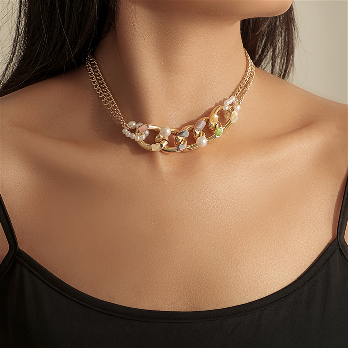 Green Resin and Pearl 18K Gold-Plated Curb Chain Choker Necklace, gold pendant necklace for women, side view