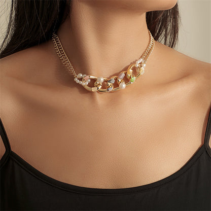 Green Resin and Pearl 18K Gold-Plated Curb Chain Choker Necklace, gold pendant necklace for women, side view