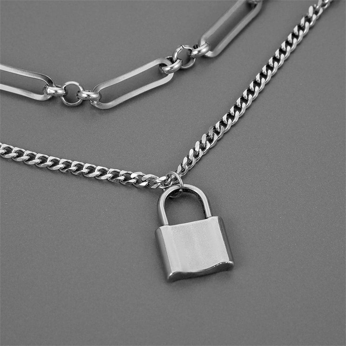 Silver-Plated Lock Layered Pendant Necklace, silver pendant necklace for women, elegant gift for her, side view