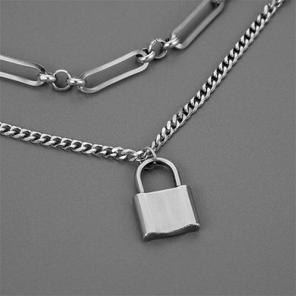 Silver-Plated Lock Layered Pendant Necklace, silver pendant necklace for women, elegant gift for her, side view