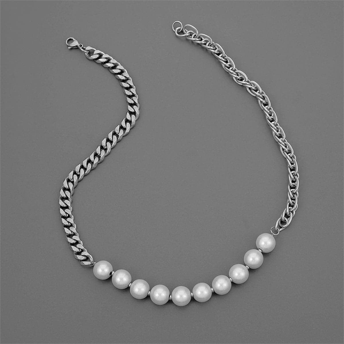 Pearl and Silver-Plated Curb Chain Necklace, silver pendant necklace for women, botanical inspired, front view