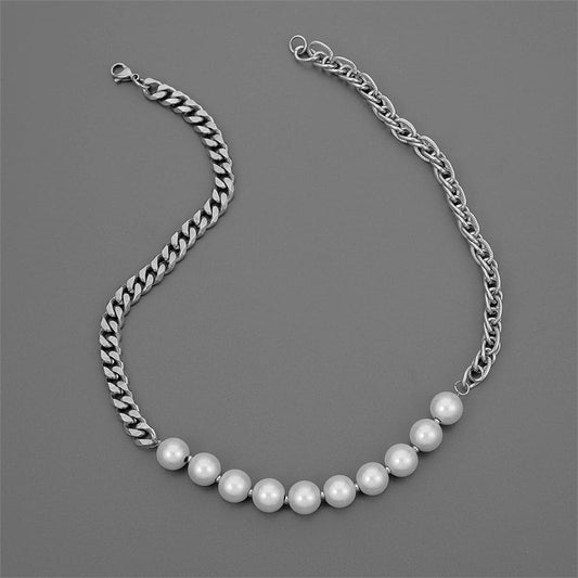 Pearl and Silver-Plated Curb Chain Necklace, silver pendant necklace for women, elegant gift for her, front view
