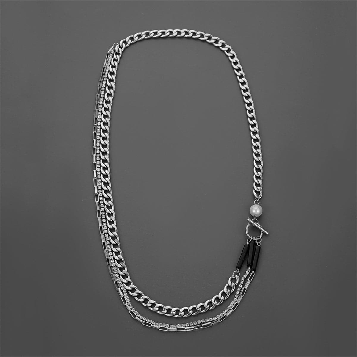 Pearl and Cubic Zirconia Layered Necklace, pendant necklace for women, vintage-inspired design, front view