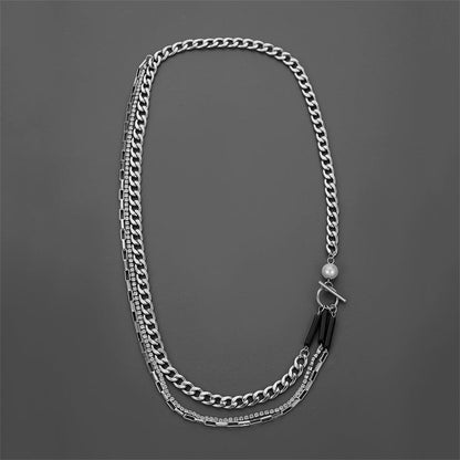 Pearl and Cubic Zirconia Layered Necklace, pendant necklace for women, vintage-inspired design, front view