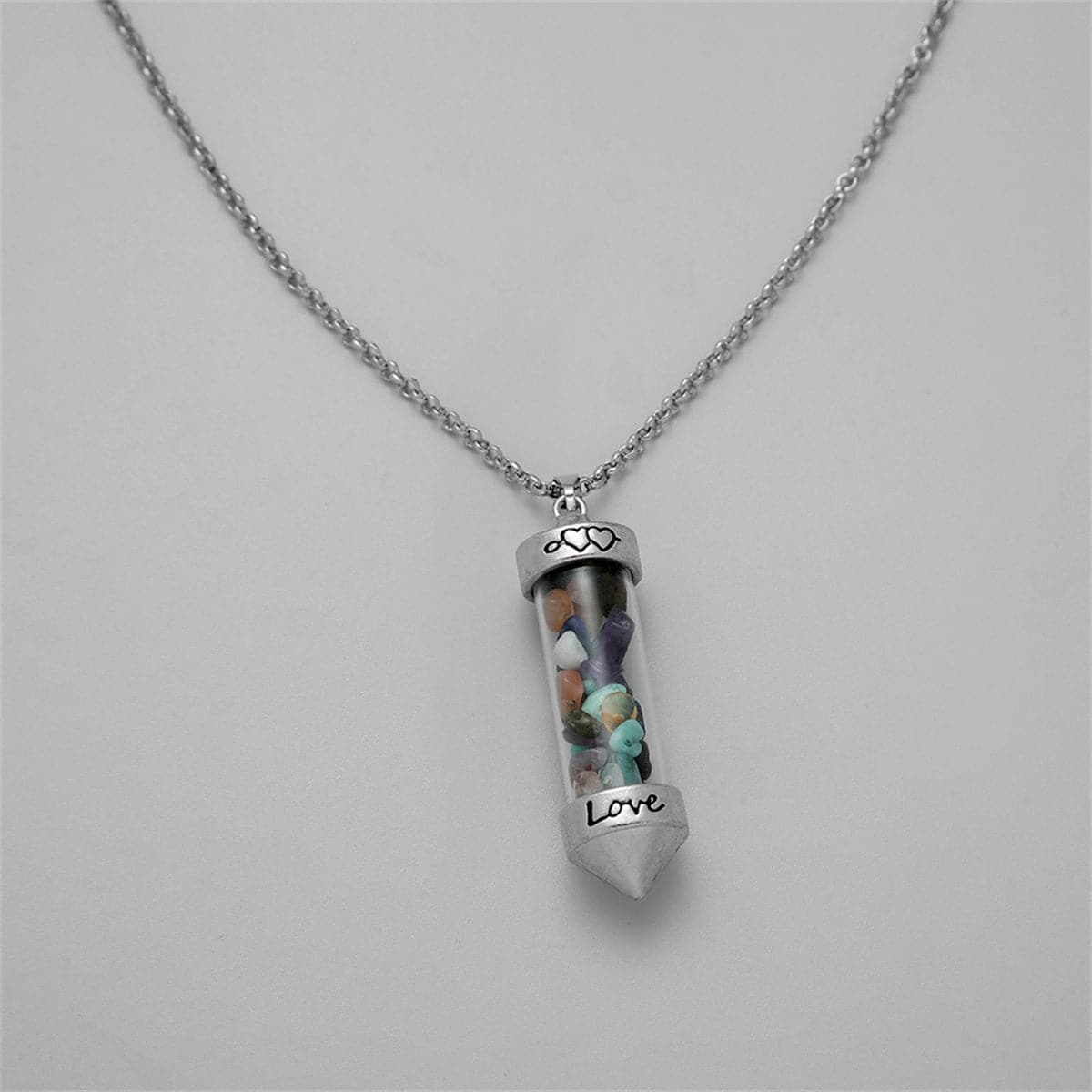 Blue Resin and Silver-Plated 'Love' Bottle Pendant Necklace, silver pendant necklace for women, detail close-up