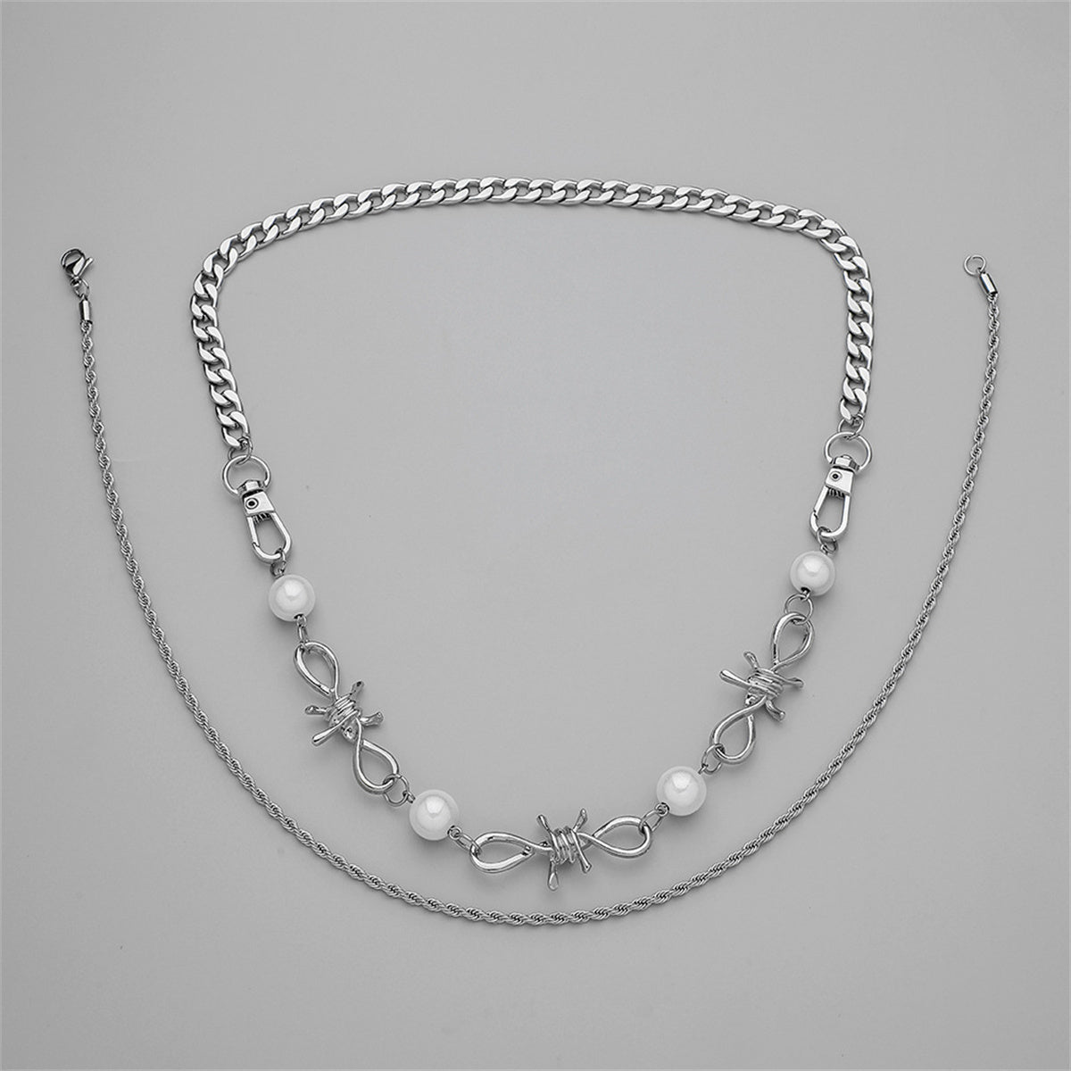 Pearl and Silver-Plated Curb Twine Thorns Station Necklace Set, jewelry gift sets for women, everyday style, side view