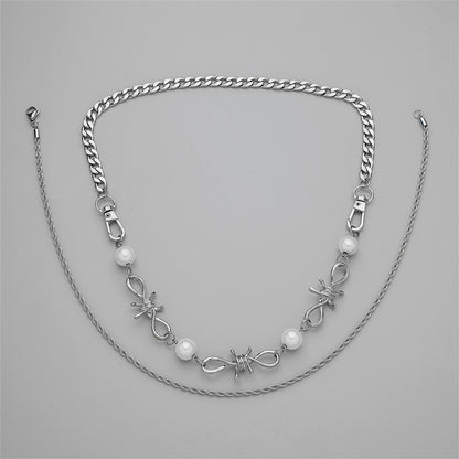 Pearl and Silver-Plated Curb Twine Thorns Station Necklace Set, jewelry gift sets for women, everyday style, side view