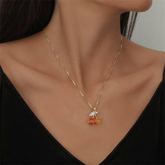 Orange Crystal & Cubic Zirconia Cherry Pendant Necklace