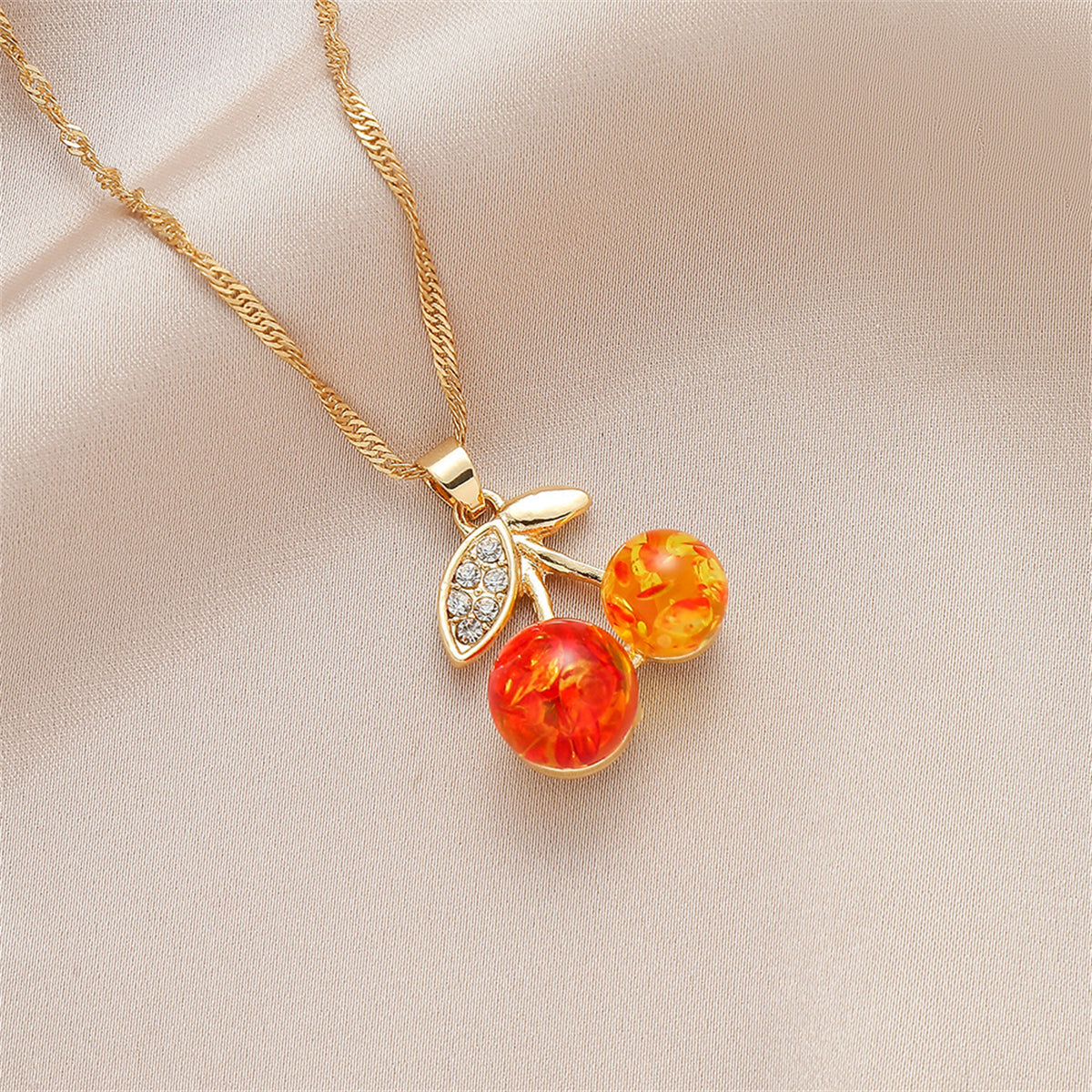 Orange Crystal & Cubic Zirconia Cherry Pendant Necklace