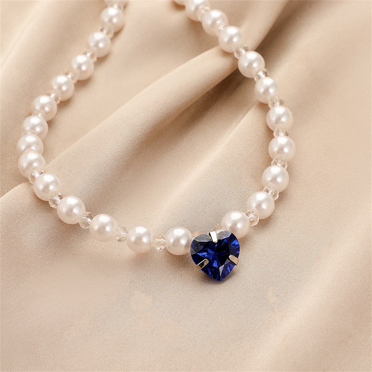 Blue Crystal & Pearl Silver-Plated Heart Pendant Necklace