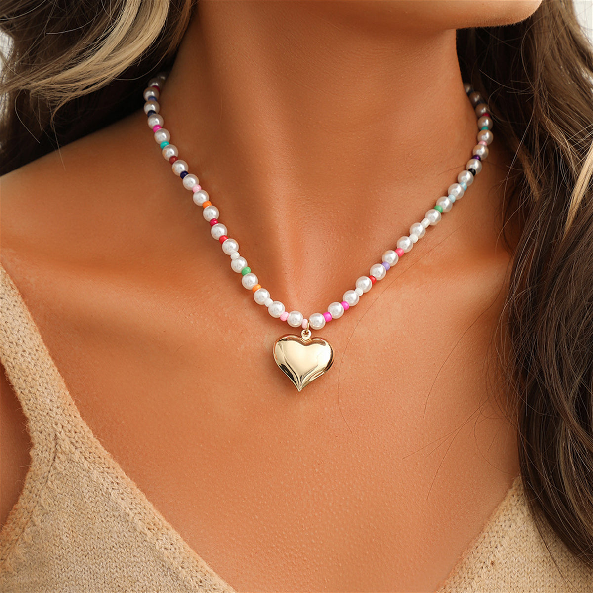 Multicolor Howlite and Pearl 18K Gold-Plated Heart Pendant Necklace, gold pendant necklace for women, front view