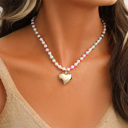 Multicolor Howlite and Pearl 18K Gold-Plated Heart Pendant Necklace, gold pendant necklace for women, front view