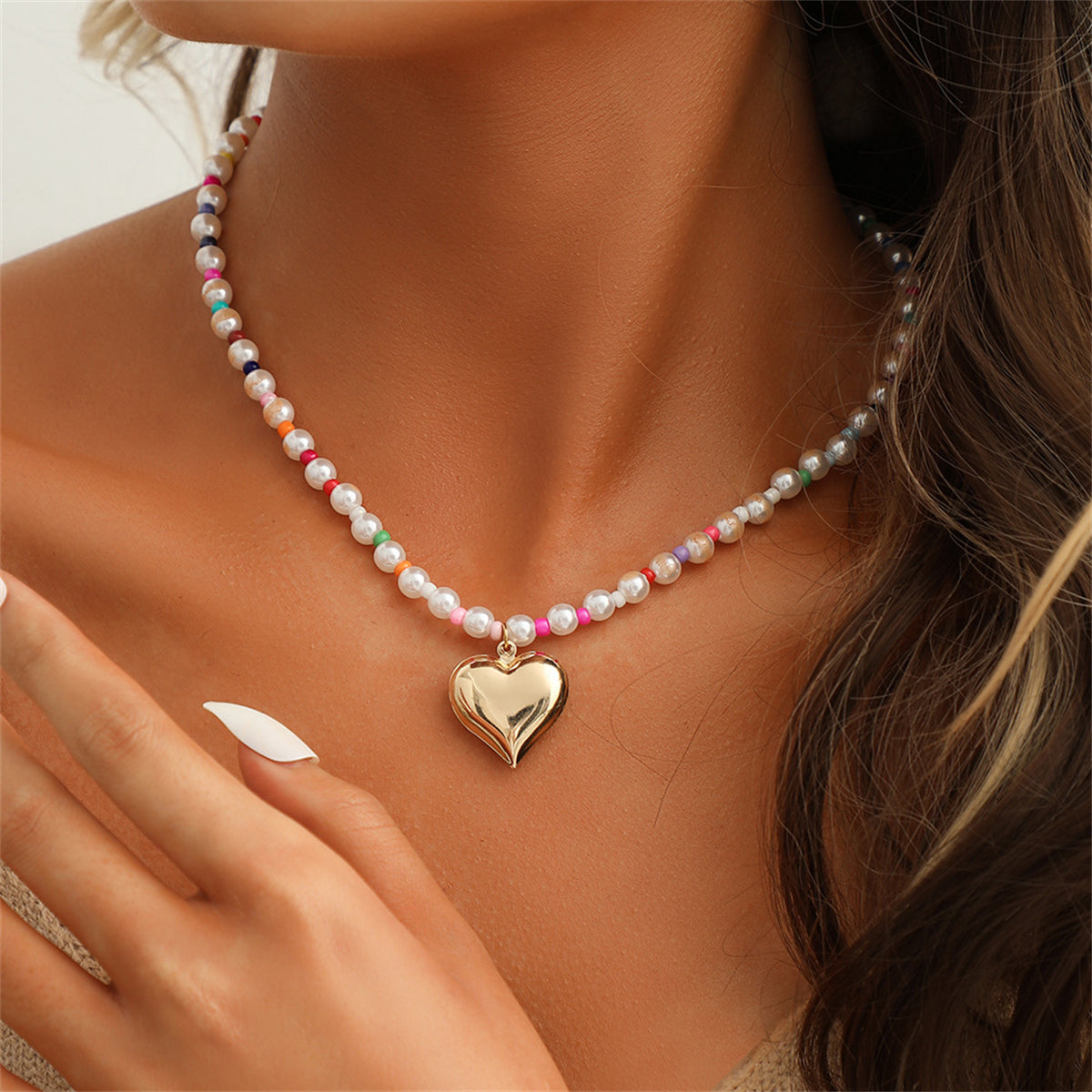 Multicolor Howlite and Pearl 18K Gold-Plated Heart Pendant Necklace, gold pendant necklace for women, side view