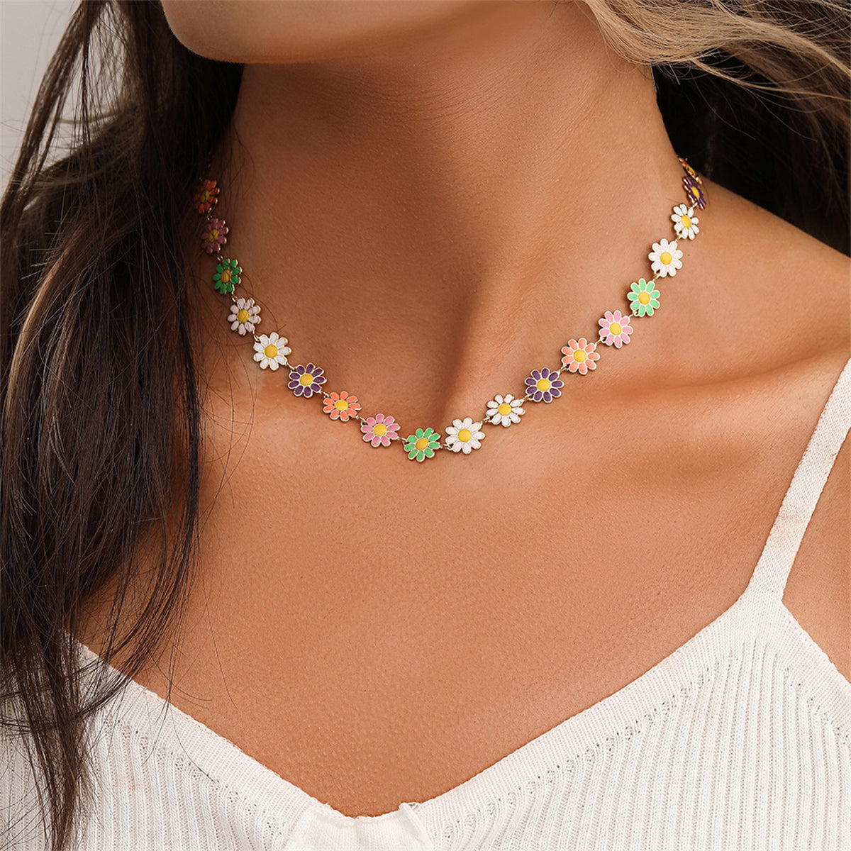 Pink and 18K Gold-Plated Multicolor Daisy Station Necklace, gold pendant necklace for women, botanical inspired, front view
