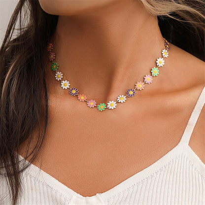 Pink and 18K Gold-Plated Multicolor Daisy Station Necklace, gold pendant necklace for women, botanical inspired, front view