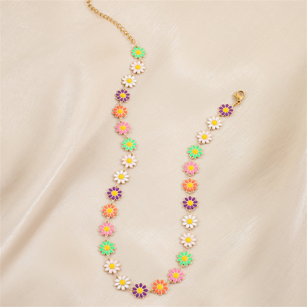 Pink and 18K Gold-Plated Multicolor Daisy Station Necklace, gold pendant necklace for women, lifestyle look