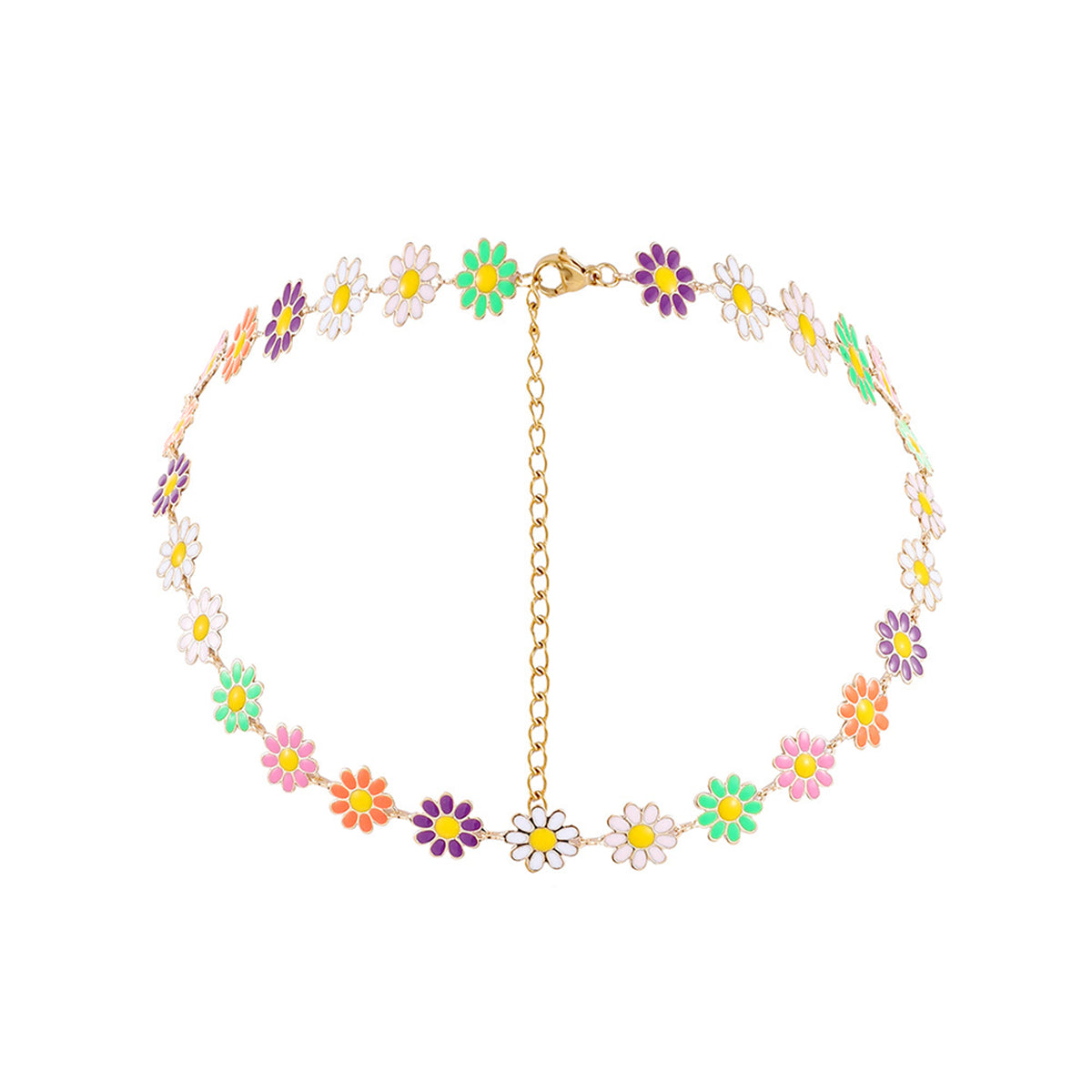 Pink and 18K Gold-Plated Multicolor Daisy Station Necklace, gold pendant necklace for women, botanical inspired, side view