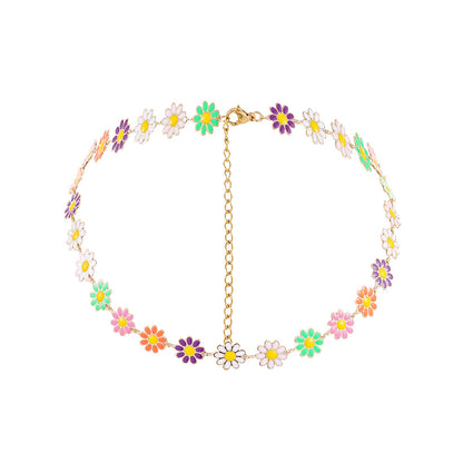 Pink and 18K Gold-Plated Multicolor Daisy Station Necklace, gold pendant necklace for women, botanical inspired, side view