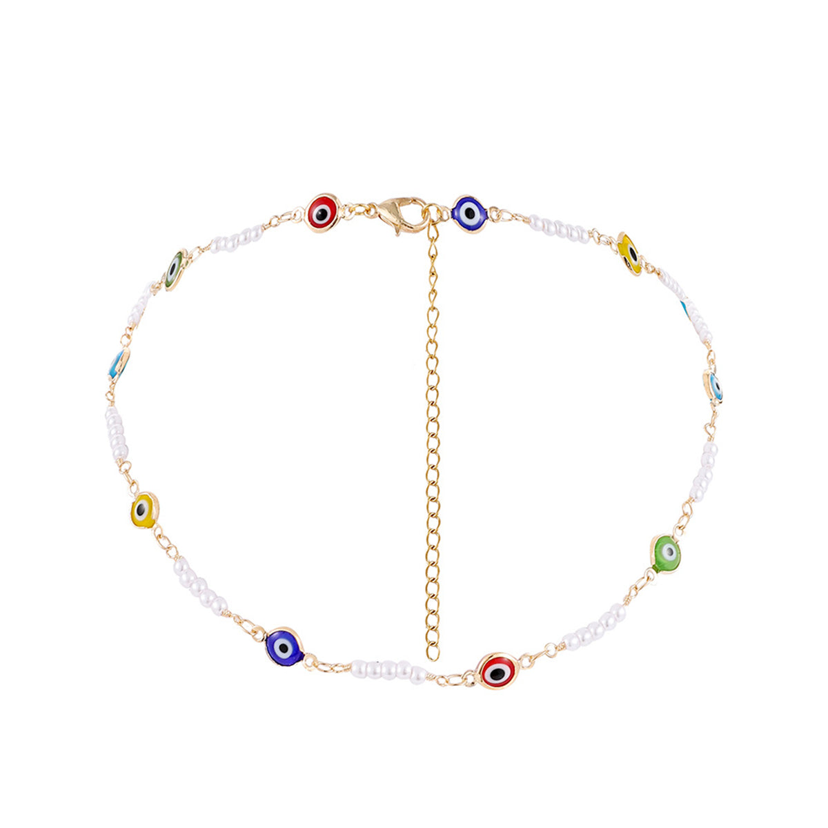 Blue Acrylic and Pearl 18K Gold-Plated Eye Station Necklace, gold pendant necklace for women, botanical inspired, side view