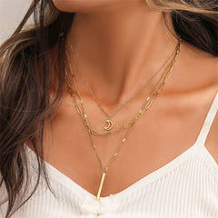 18K Gold-Plated Layered Openwork Moon & Bar Pendant Necklace
