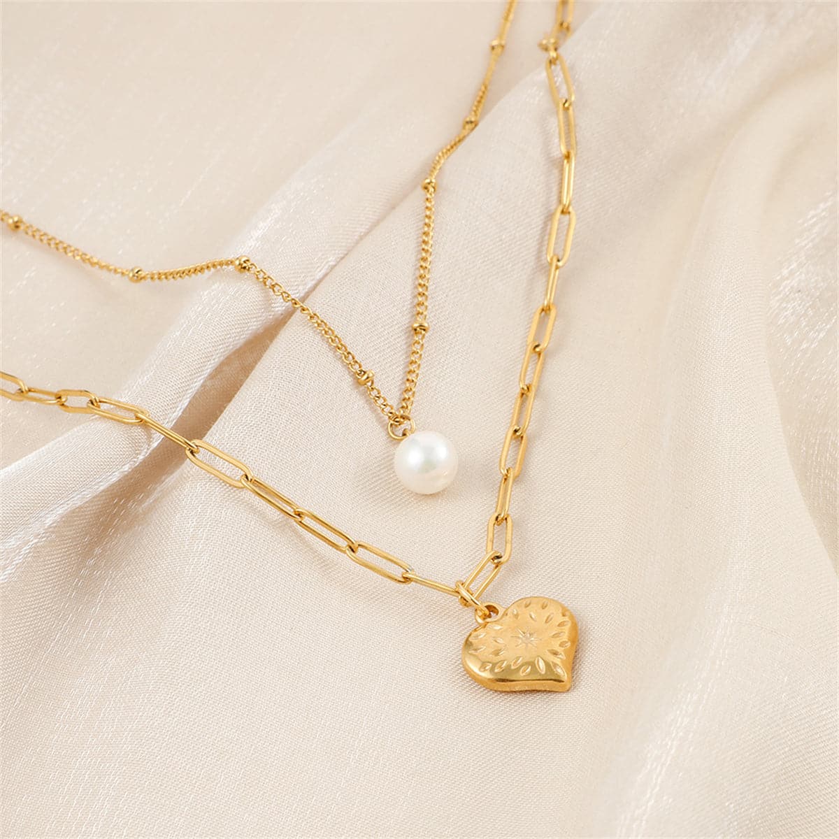 Pearl & 18K Gold-Plated Floral Heart Layered Pendant Necklace