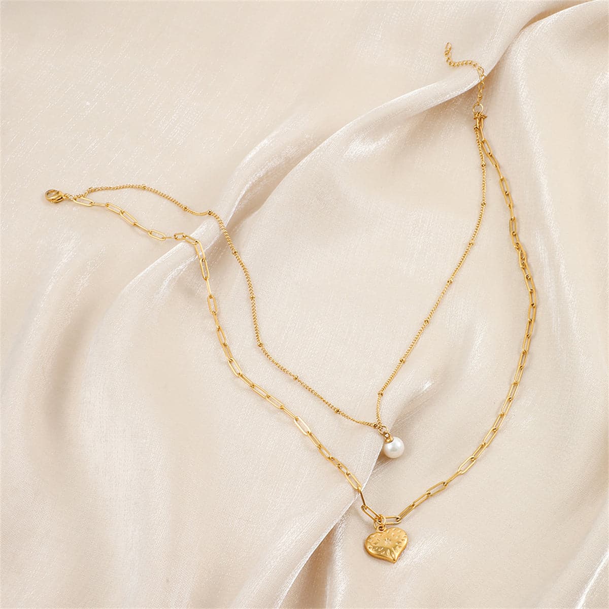 Pearl & 18K Gold-Plated Floral Heart Layered Pendant Necklace