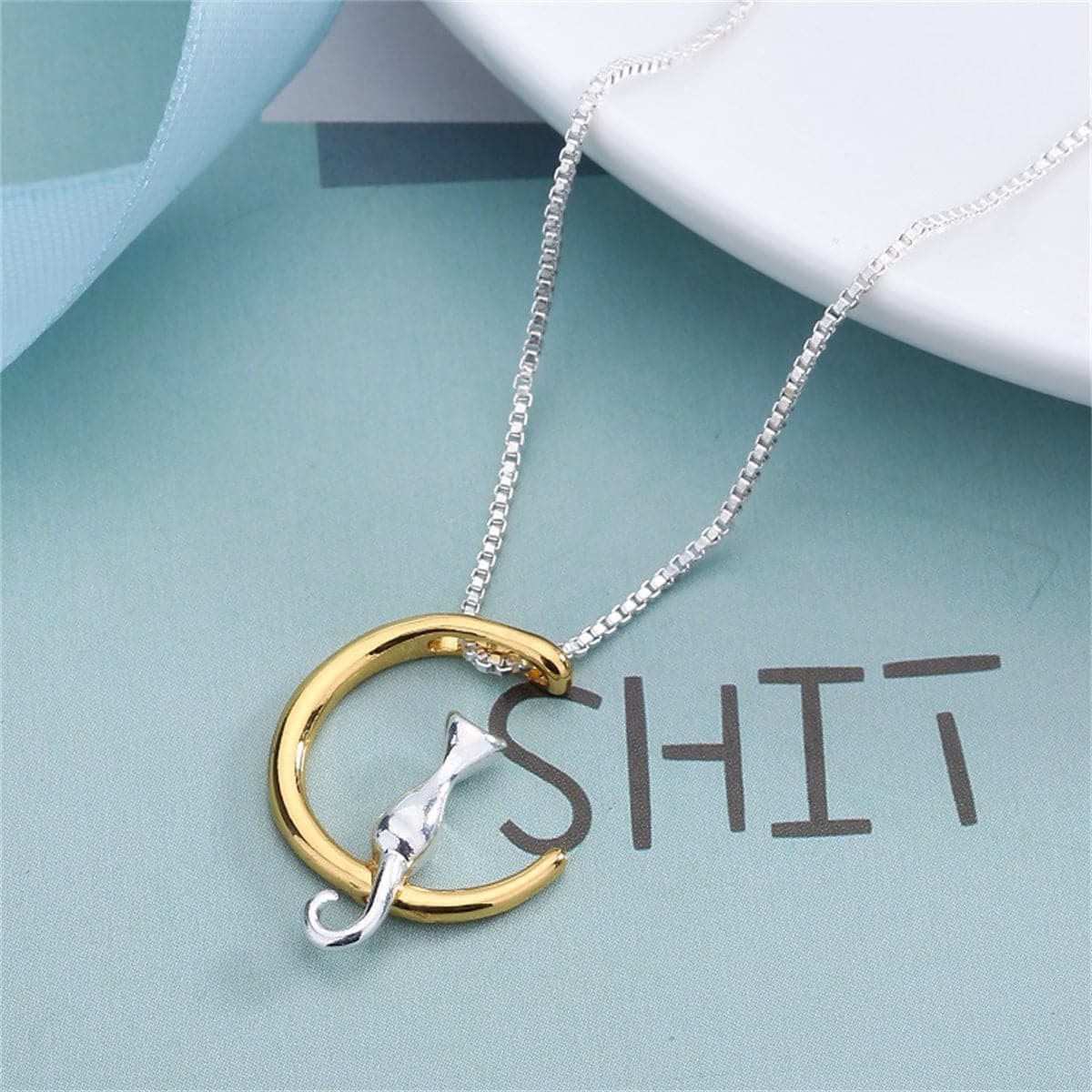 Two-Tone Cat Pendant Necklace, pendant necklace for women, botanical inspired, front view