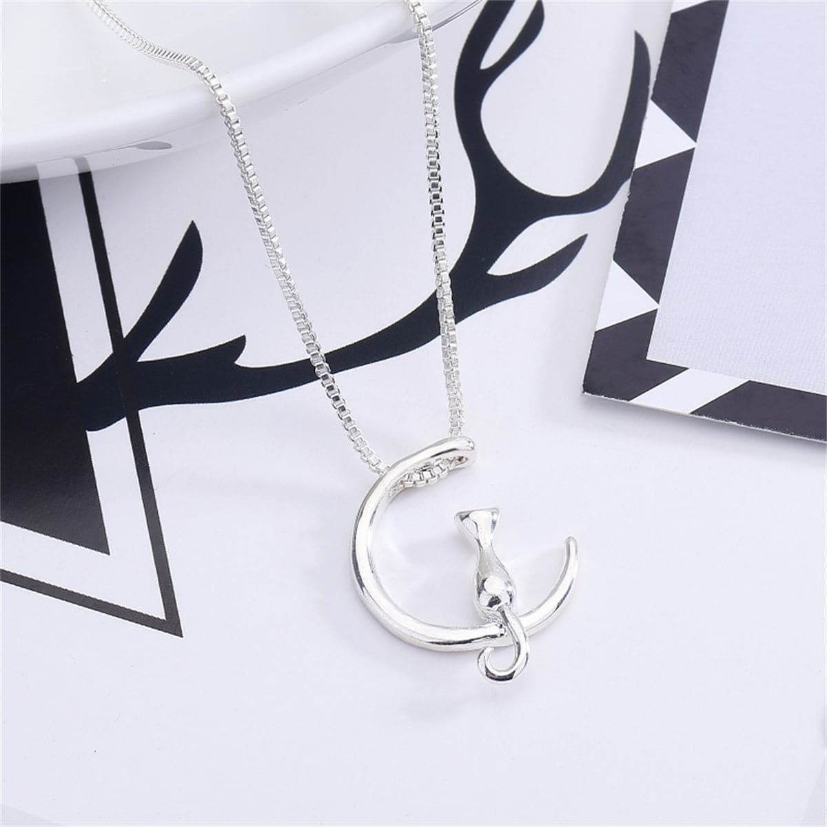 Silver-Plated Cat Pendant Necklace, silver pendant necklace for women, elegant gift for her, side view