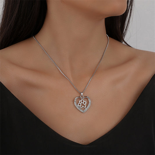 Cubic Zirconia and Silver-Plated Paw Heart Pendant Necklace, silver pendant necklace for women, everyday style, front view