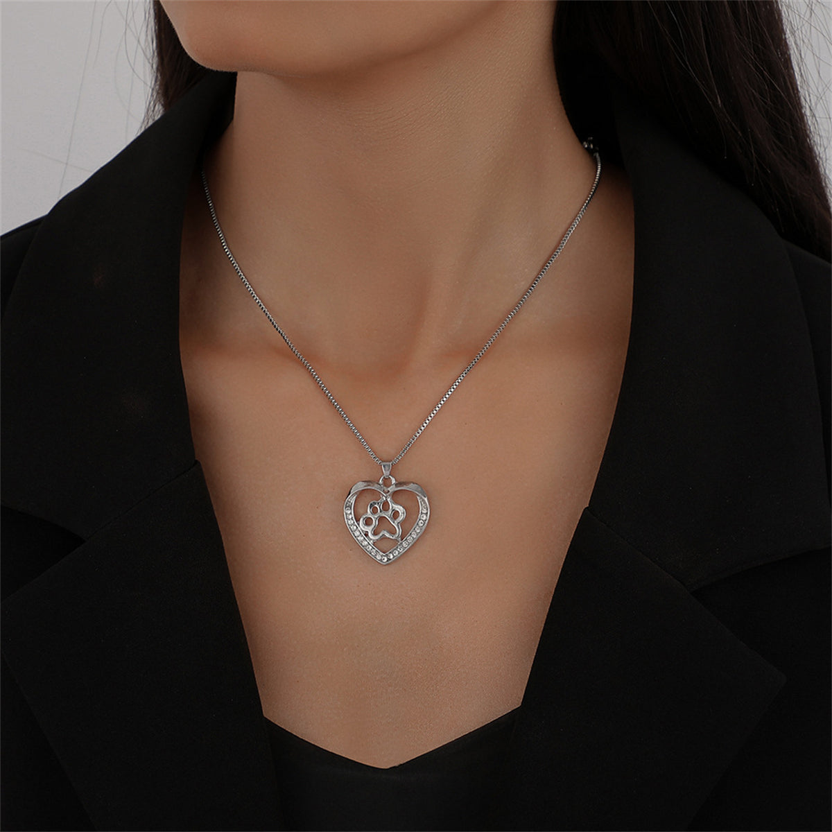 Cubic Zirconia & Silver-Plated Paw Heart Pendant Necklace