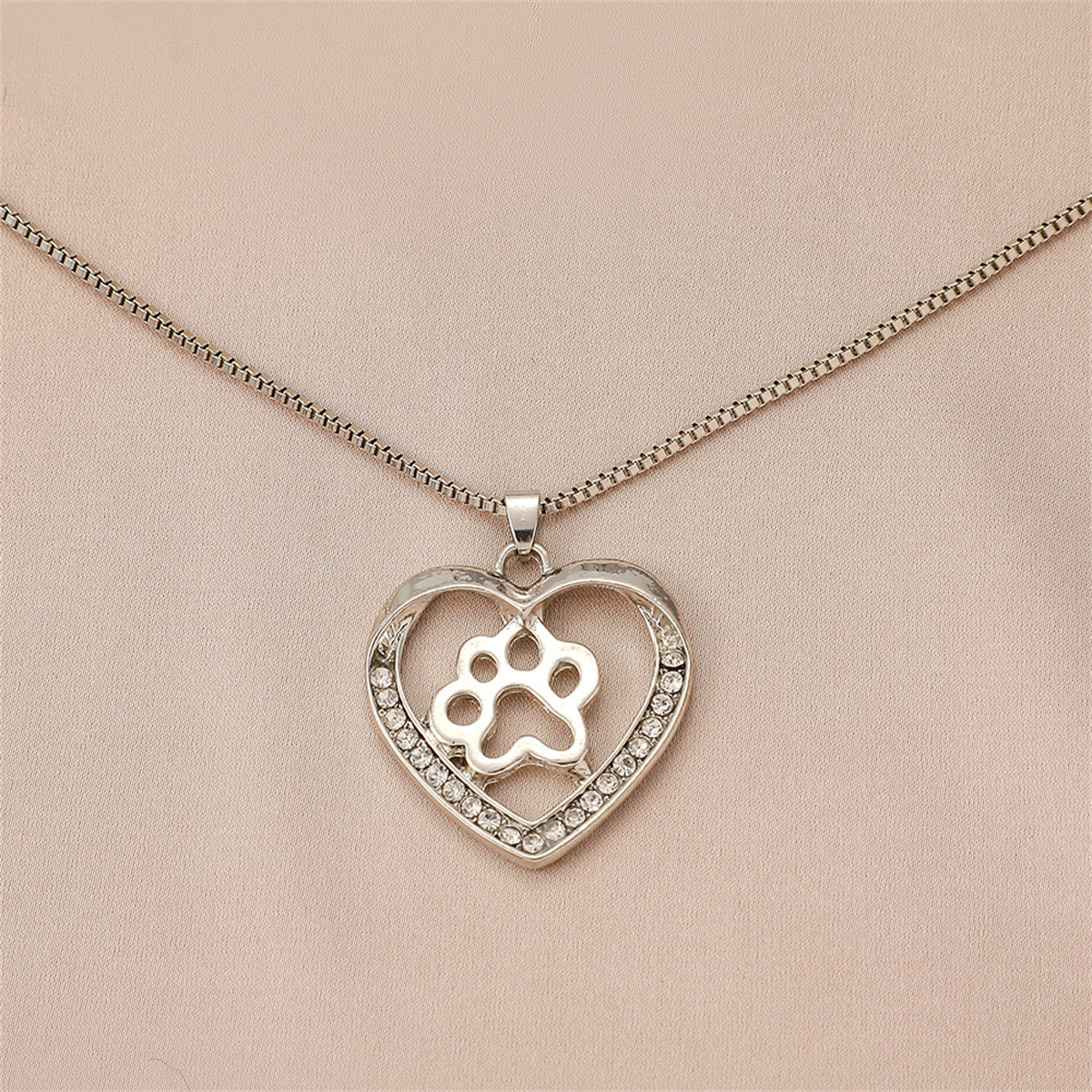 Cubic Zirconia & Silver-Plated Paw Heart Pendant Necklace