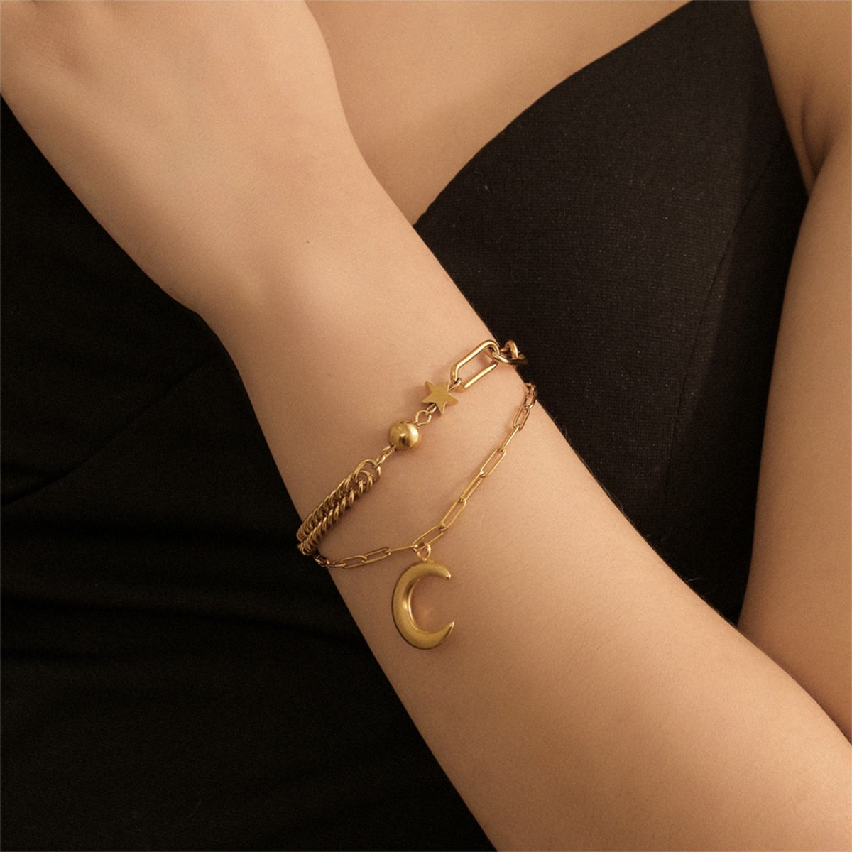 18K Gold-Plated Celestial Layered Bracelet, gold bracelet for women, everyday style, front view