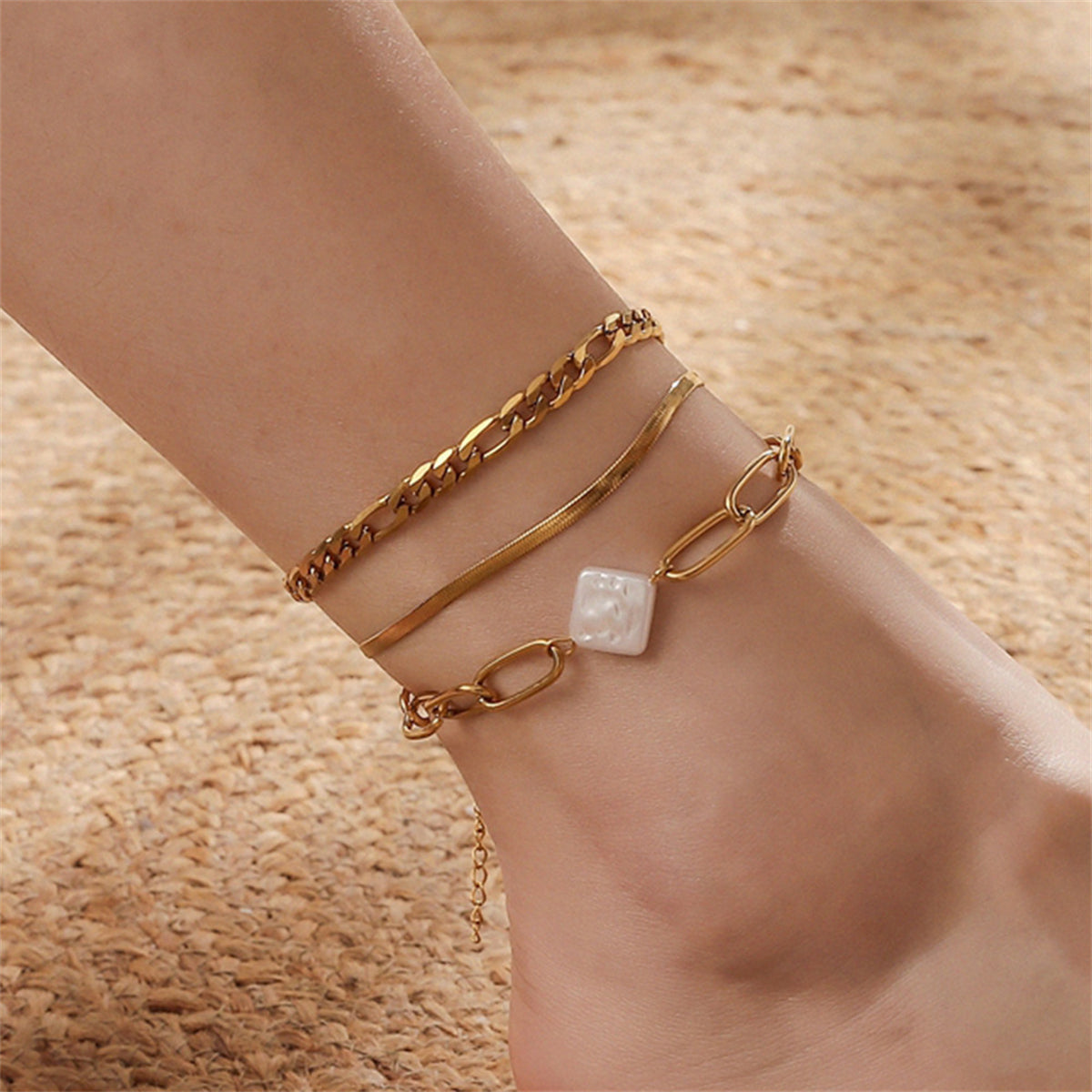 Pearl & 18K Gold-Plated Rhombus Anklet Set