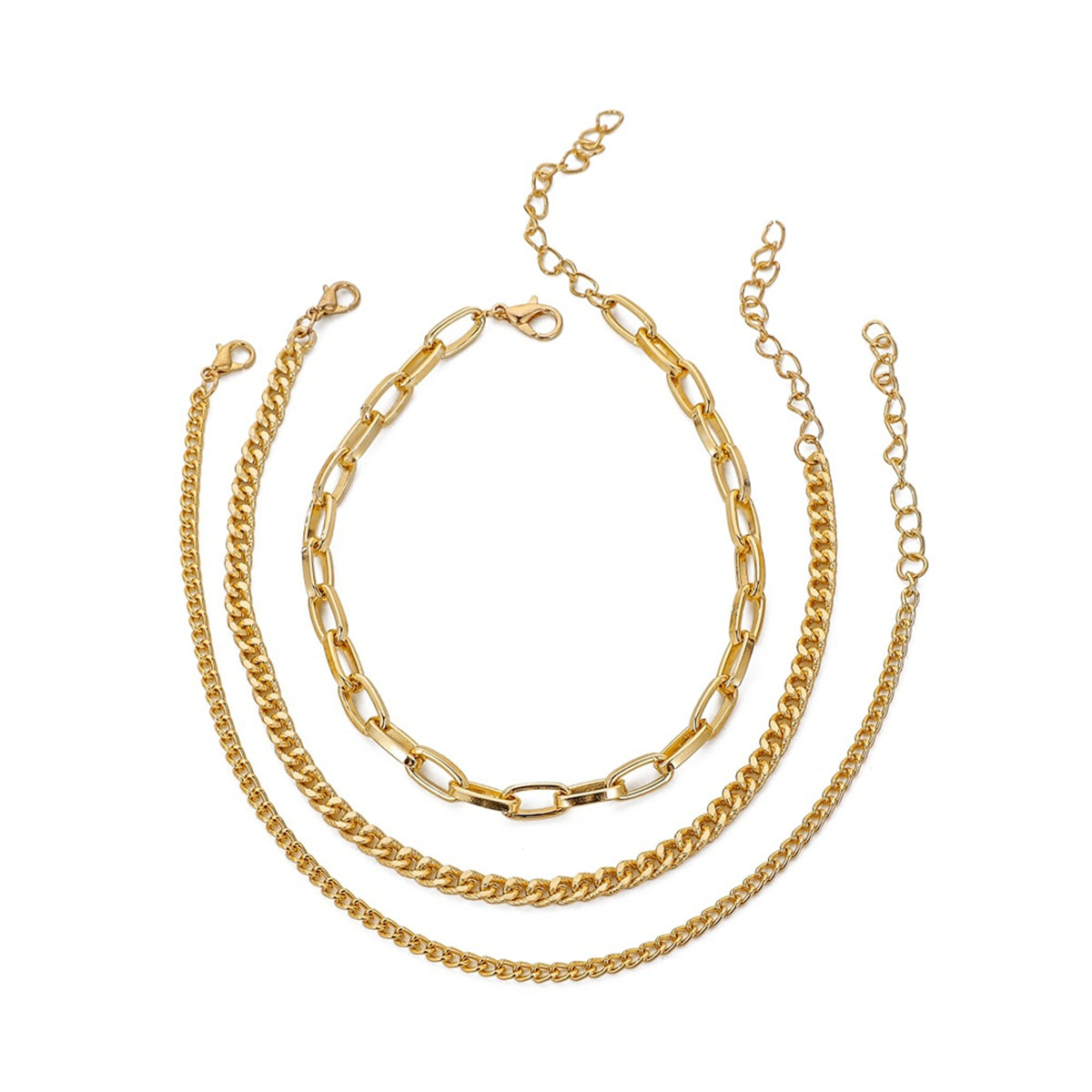 A stunning trio of 18K gold-plated curb chain anklets featuring chic chain links, ideal for elevating your style.