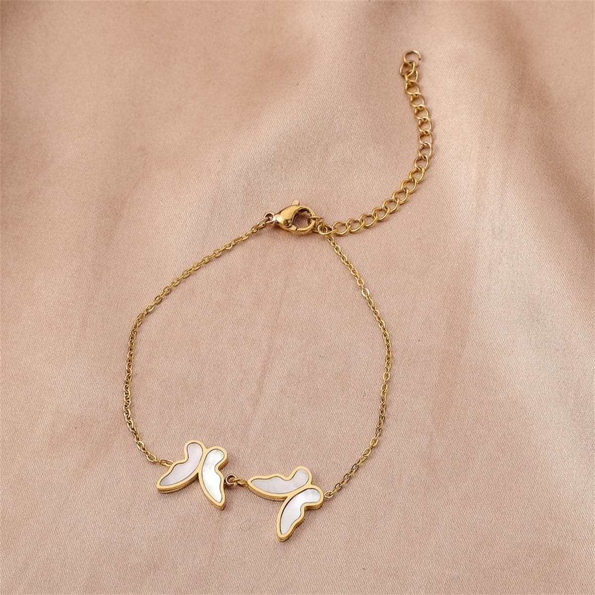 Shell and 18K Gold-Plated Double Butterfly Anklet, gold anklet bracelet, dainty minimalist design, side view