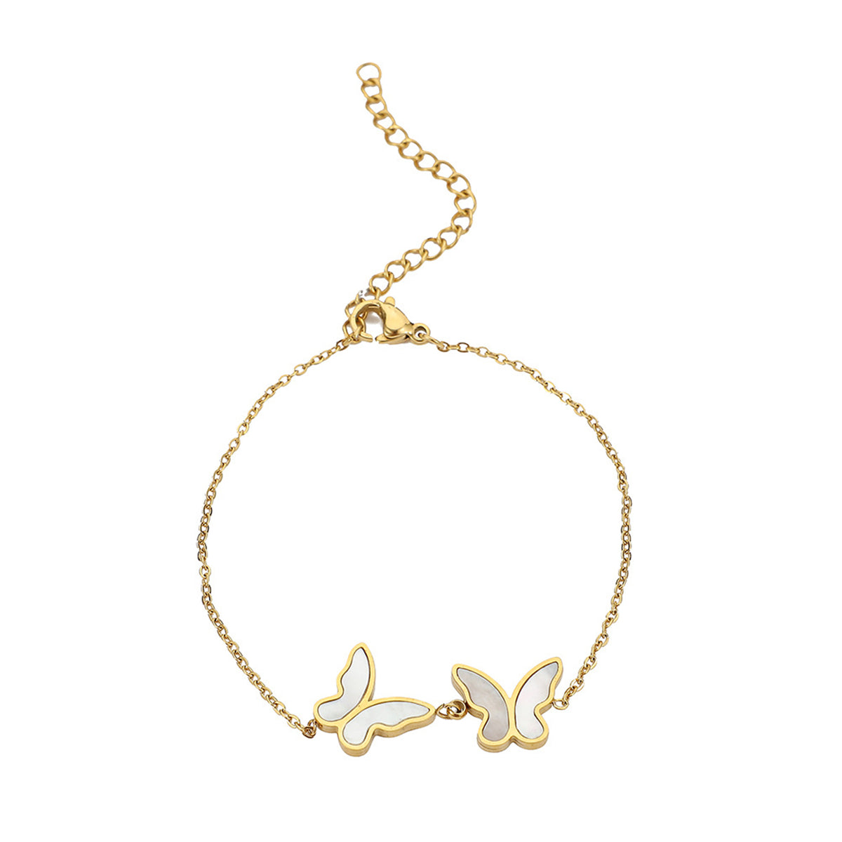 Shell and 18K Gold-Plated Double Butterfly Anklet, gold anklet bracelet, dainty minimalist design, detail close-up