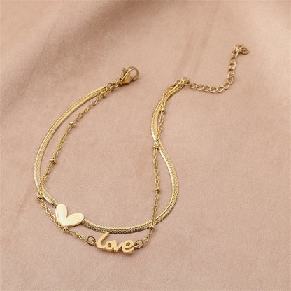18K Gold-Plated Heart 'Love' Layered Anklet, gold anklet bracelet, vintage-inspired design, side view