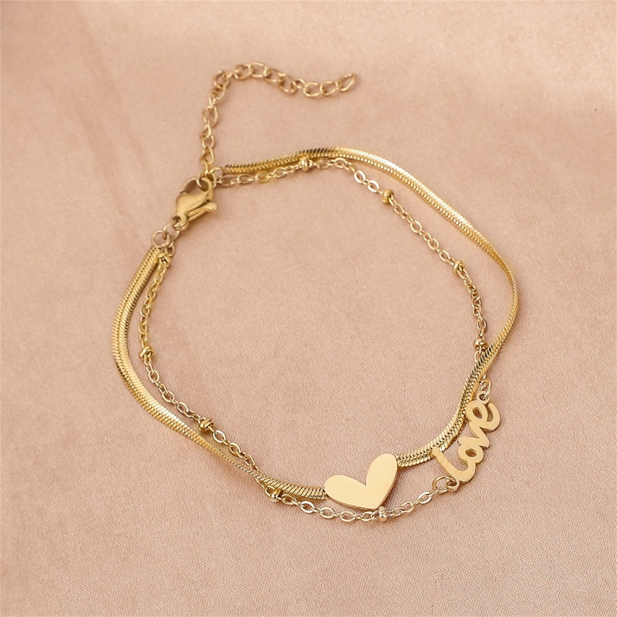 18K Gold-Plated Heart 'Love' Layered Anklet, gold anklet bracelet, vintage-inspired design, detail close-up