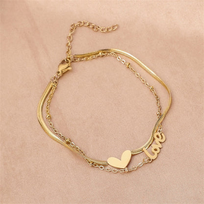 18K Gold-Plated Heart 'Love' Layered Anklet, gold anklet bracelet, vintage-inspired design, detail close-up